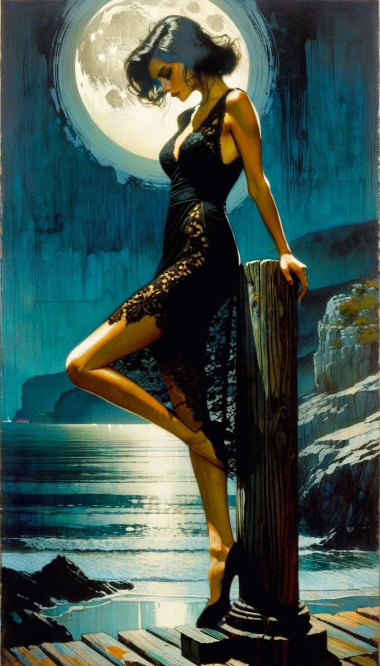 a dejected sexy woman, black lace dress, leans on a wooden post, beautiful landscape with sea and moon (art inspired by Bill Sienkiewicz, intricate details, oil painting)
