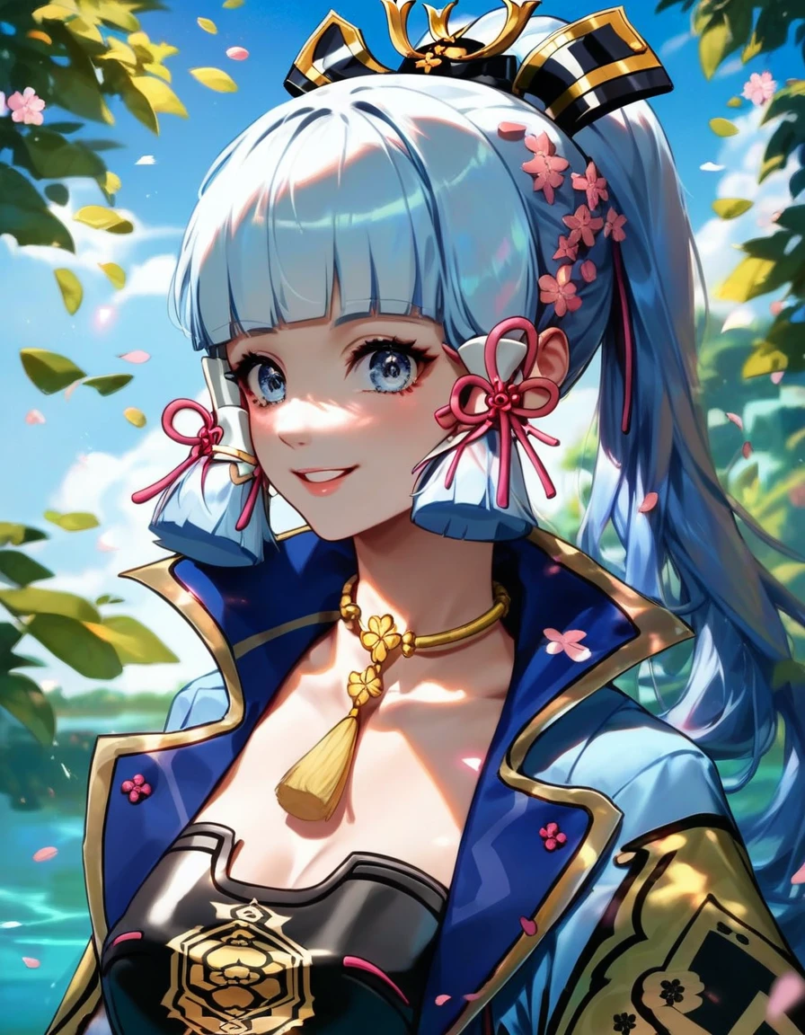 (masterpiece), (Best quality), (ultra detailed),(wild hair),(illustration), (1 girl), standing, smiling, beautiful detailed eyes, Light blue eyes, Detailed beautiful face, (Kamisato Ayaka: 1.2), focus on the face, ponytail, Kamisato Ayaka(Genshin influence), light blue hair, detailed hair, bang, better lighting, best shadow, very detailed, bright