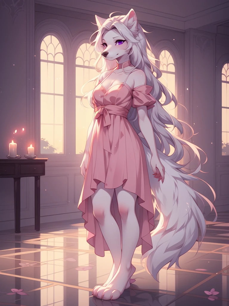solo:1.2, white wolf girl, detailed purple eyes, long white hair, snout, black nose, wearing a pink dress, leg slit, barefoot, feet paws, four toes, standing in a fancy mansion, by fumiko, by hyattlen,