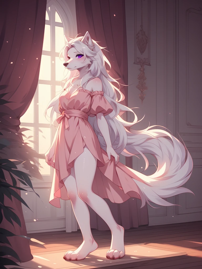 solo:1.2, white wolf girl, detailed purple eyes, long white hair, snout, black nose, wearing a pink dress, leg slit, barefoot, feet paws, four toes, standing in a fancy mansion, by fumiko, by hyattlen,