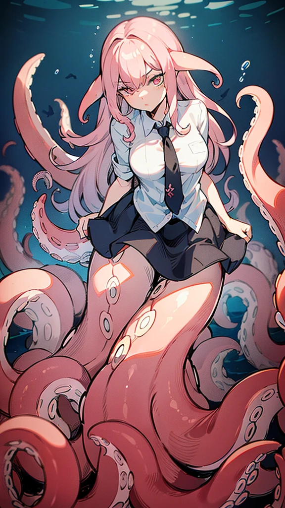 ((best quality)), ((highly detailed)), absurdres, (detailed eyes),1girl,20 years old,solo,long hair,pink hair,(((white shirt,black standart tie,black skirt))),dynamic pose, cowboy shot, (((scylla))), (((octopus girl))), standing, (tentacles:1.33), (suction cups:1.33), (fused:1.33), ((tentacle legs)), squidlegs, ((underwater,sea,night)),leaning forward, serious,