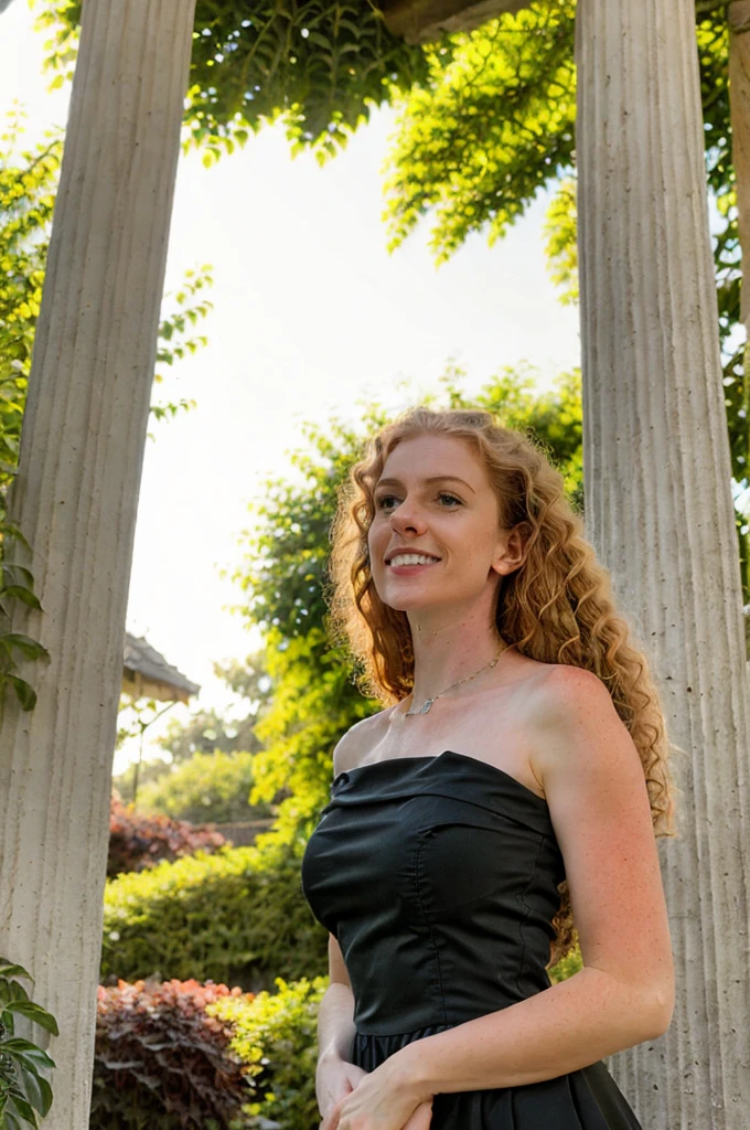 Subject and Attributes:
Main Subject: Woman with curly ginger hair
Additional Attributes: Arms raised, leaning against a column, serene expression
Visual Characteristics:
Camera Angle/Shot Type: Close-up, focusing on the upper body and face
Lighting: Soft, natural outdoor light, enhancing the subject's features
Art Style/Aesthetic: Photorealistic, capturing the texture of the skin and hair beautifully
Color Scheme: Earthy and green tones from the surrounding garden, contrasted with the subject's hair and black dress
Surrounding Environment: Garden setting with lush greenery and flowering plants
Descriptors of Quality: High-resolution, sharp detail, vibrant colors
Using Quality Tags:
With Quality Tags: ((best quality)), woman with curly ginger hair, wearing a black strapless dress, leaning against a column in a garden setting, arms raised, serene expression, photorealistic, vibrant colors, detailed
Prompt Construction:
Combine the elements above into a cohesive prompt:
"((best quality)), woman with curly ginger hair, wearing a black strapless dress, leaning against a column with her arms raised, in a garden setting surrounded by lush greenery and flowering plants. Close-up shot, soft natural outdoor light, serene expression, photorealistic style, focusing on high-resolution, sharp detail, and vibrant colors."