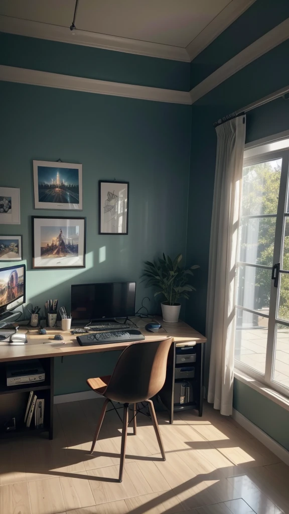 4K, ray tracing, cinematic, work of art, best qualityer, create a room with gamer decor, and a gaming computer on the table