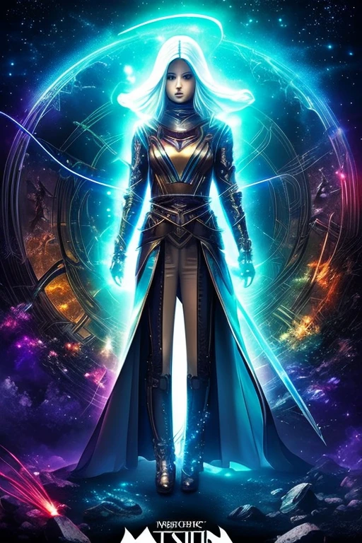 Niji mode. Full body. Ethereal sorcerer secret agent, elegant thin suit with fluid luminous white glowing magic circuits, celestial explorer emerging from a portal. Holding a longsword with glowing magic writings and long handle, glowing tattoos, magic piercings, magic stones, glowing magic eyes, advanced technology mixed with magic, magic circuits, magic tools, magic materials, developed by Technological Magic. Walking in the middle of a magical atompunk metropolis mixing technology and vegetation, the sky full of bright stars with cold colors. Wide and deep scenery with multiple planes of depth, cinematic and dynamic scene with sense of movement, view of magical glowing lights reflecting the scene, particle effects, elegant pose, aura lights, glowing, epic atmosphere, celestial splendor, galactic fragmentation . Old anime style, Studio Ghibli, Metal hurlant, art book, RPG fantasy, comicbook.