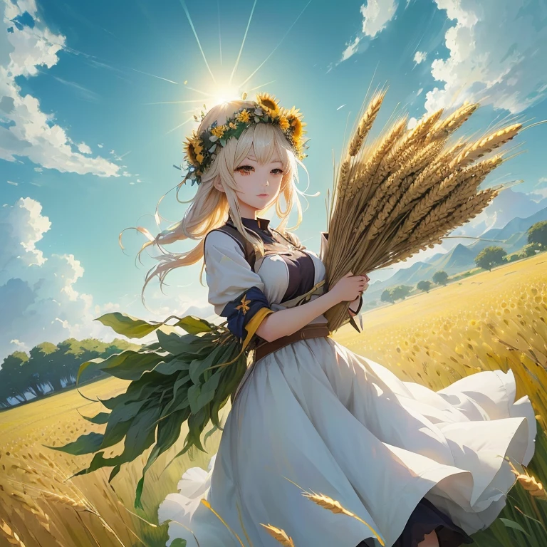 anime girl in a field holding a bunch of wheat, guweiz on pixiv artstation, in field high resolution, beautiful sunflower anime girl, on the vast wheat fields, guweiz on artstation pixiv, in a wheat field, official art, guweiz, epic light novel art cover, cushart krenz key art feminine
