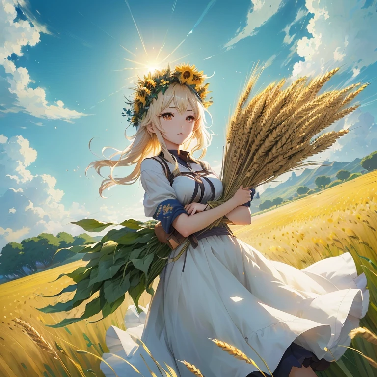 anime girl in a field holding a bunch of wheat, guweiz on pixiv artstation, in field high resolution, beautiful sunflower anime girl, on the vast wheat fields, guweiz on artstation pixiv, in a wheat field, official art, guweiz, epic light novel art cover, cushart krenz key art feminine