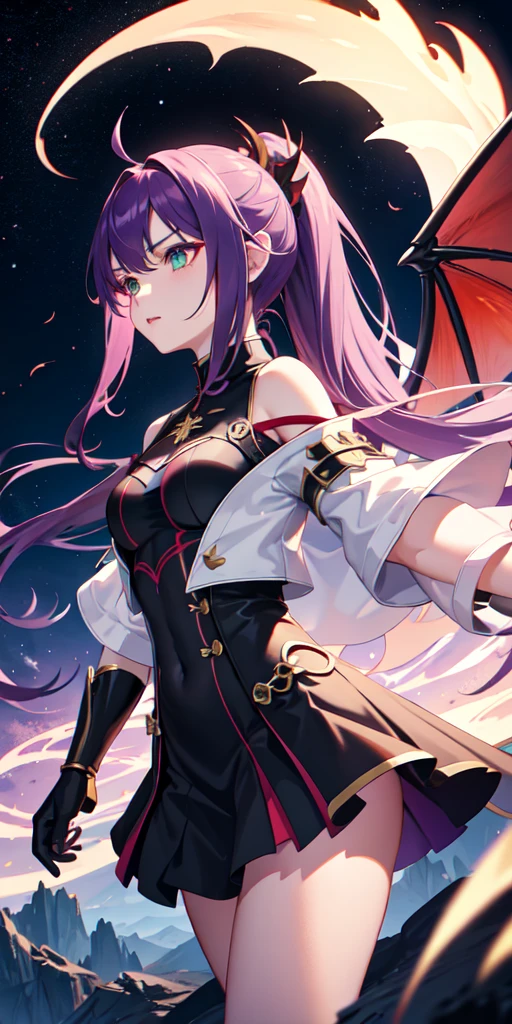 1girl, dress,clothes, ponytail, purple hair, green eyes, magic circle, red fire, white flames, wallpaper, landscape, blood, blood splatter, depth of field, night, light particles, rays light, side lighting, thighs, fate\ (series), genshin impact, ****, open jacket, dragon tail, skirt, dragon scales, dragon ears, thigh, cloud, dragon wings, background dragon
