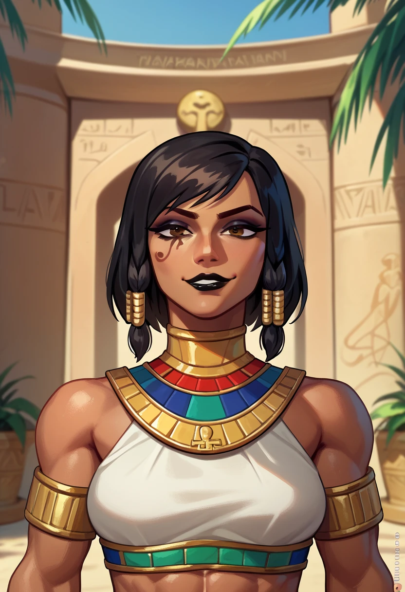 score_9, score_8_up, score_7_up, 1girl, solo, Pharah, brown eyes, (Eye of Horus), (black lipstick), portrait, smug, smirk, Egyptian clothes, outdoors, Egyptian temple,