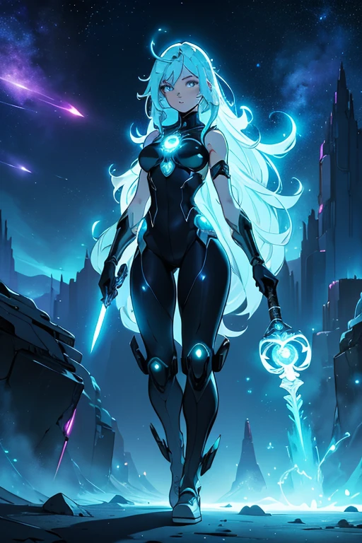 Niji mode. Full body. Ethereal sorcerer secret agent, elegant thin suit with fluid luminous white glowing magic circuits, celestial explorer emerging from a portal. Holding a longsword with glowing magic writings and long handle, glowing tattoos, magic piercings, magic stones, glowing magic eyes, advanced technology mixed with magic, magic circuits, magic tools, magic materials, developed by Technological Magic. Walking in the middle of a magical atompunk metropolis mixing technology and vegetation, the sky full of bright stars with cold colors. Wide and deep scenery with multiple planes of depth, cinematic and dynamic scene with sense of movement, view of magical glowing lights reflecting the scene, particle effects, elegant pose, aura lights, glowing, epic atmosphere, celestial splendor, galactic fragmentation . Old anime style, Studio Ghibli, Metal hurlant, art book, RPG fantasy, comicbook.