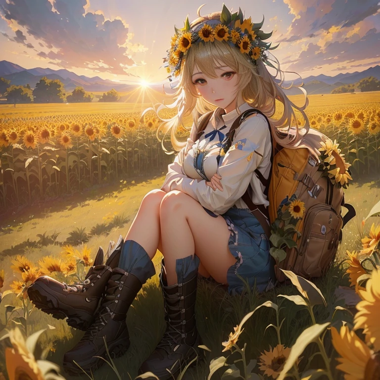 anime girl sitting in a field with a backpack and a flower crown, beautiful sunflower anime girl, guweiz on pixiv artstation, guweiz on artstation pixiv, guweiz, trending on artstation pixiv, artwork in the style of guweiz, beautiful anime girl, guweiz masterpiece, anime visual of a cute girl