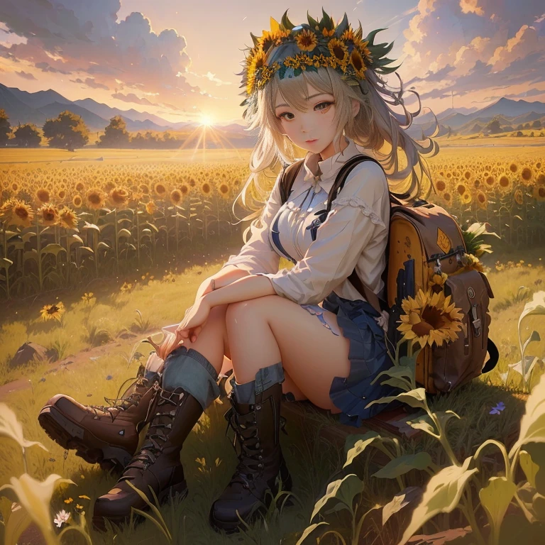 anime girl sitting in a field with a backpack and a flower crown, beautiful sunflower anime girl, guweiz on pixiv artstation, guweiz on artstation pixiv, guweiz, trending on artstation pixiv, artwork in the style of guweiz, beautiful anime girl, guweiz masterpiece, anime visual of a cute girl