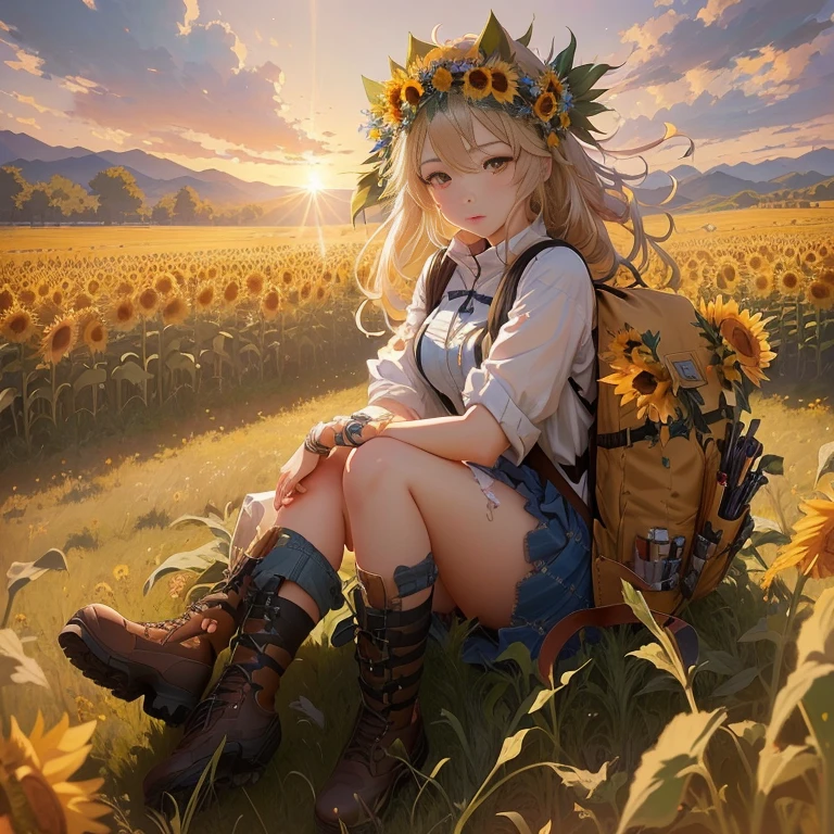 anime girl sitting in a field with a backpack and a flower crown, beautiful sunflower anime girl, guweiz on pixiv artstation, guweiz on artstation pixiv, guweiz, trending on artstation pixiv, artwork in the style of guweiz, beautiful anime girl, guweiz masterpiece, anime visual of a cute girl