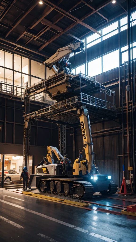 Construction in progress, where humanoid robots and autonomous machines are operating.