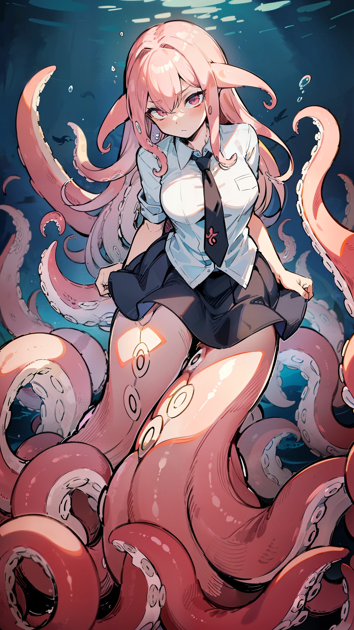 ((best quality)), ((highly detailed)), absurdres, (detailed eyes),1girl,20 years old,solo,long hair,pink hair,(((white shirt,black standart tie,black skirt))),dynamic pose, cowboy shot, (((scylla))), (((octopus girl))), standing, (tentacles:1.33), (suction cups:1.33), (fused:1.33), ((tentacle legs)), squidlegs, ((underwater,sea,night)),leaning forward, serious,