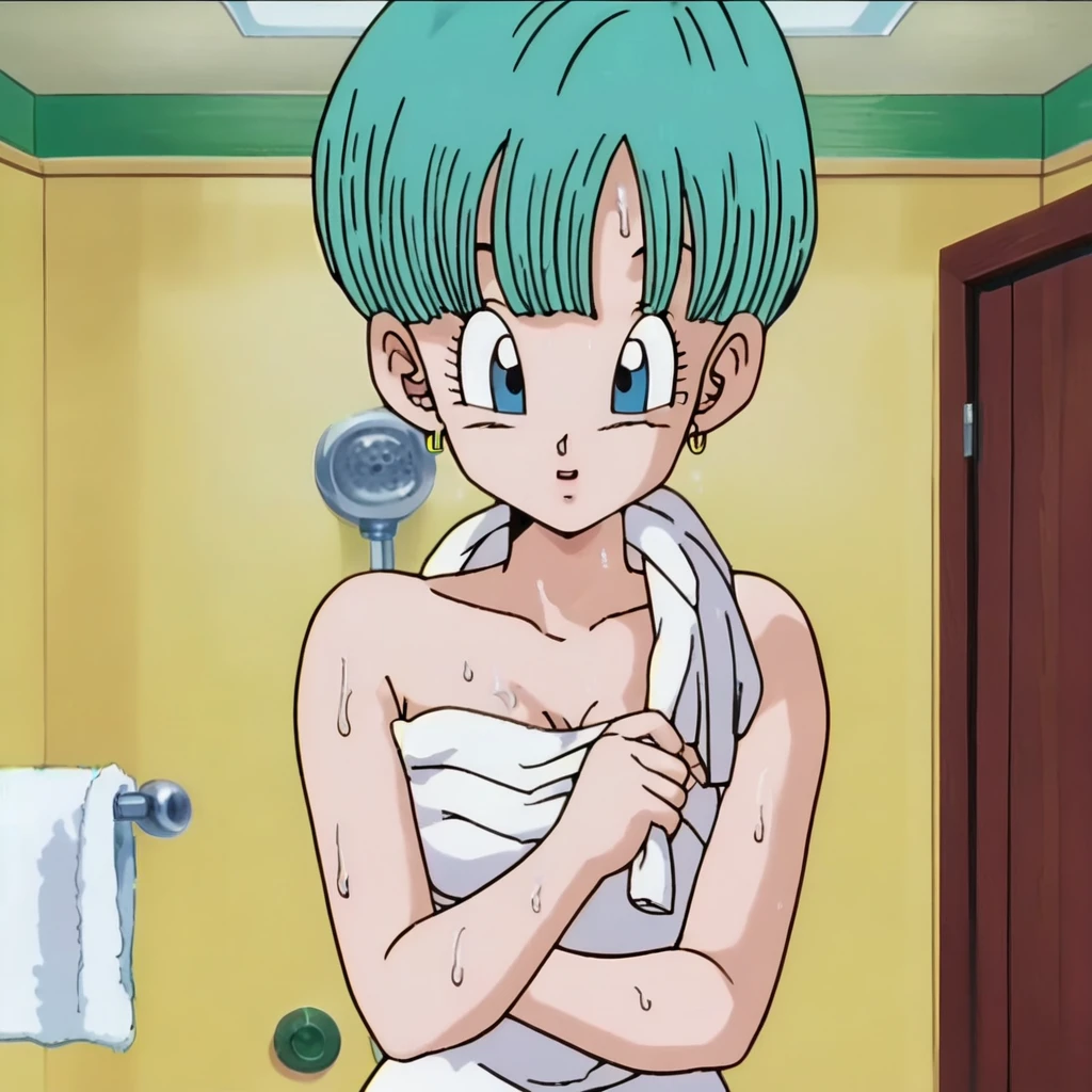 ((best quality)), ((masterpiece)), (detailed), 1girl, source_anime, score_9, score_8_up, score_7_up, anime screencap, buu saga, aqua hair, very short hair, bowl cut, blue eyes, wearing bath towel, wet hair, indoors, bathroom, wet skin, I let out a soft gasp and touch my hair. I then look up and strike a cute and charming expression, with a hint of curiosity and surprise.