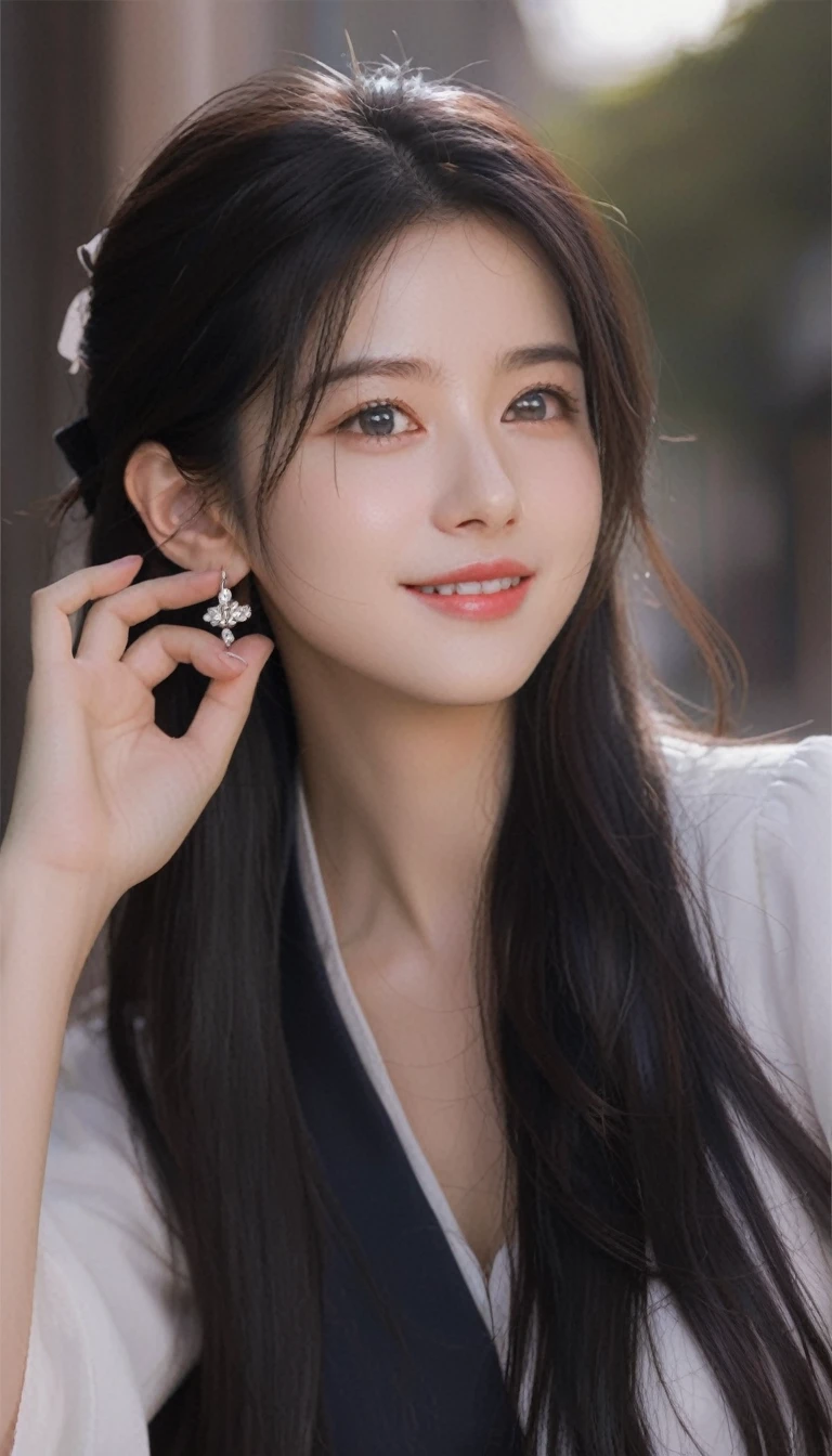 1girl,beautiful girl,Photographing from waist to head、,Fine grain, Perfect functionality, (masterpiece), (Highest quality), (good quality), Intricate details, Earrings, Ray Tracing, (), (Bokeh), (Depth of written boundary), Perfect Skin, Happy,long black hair,