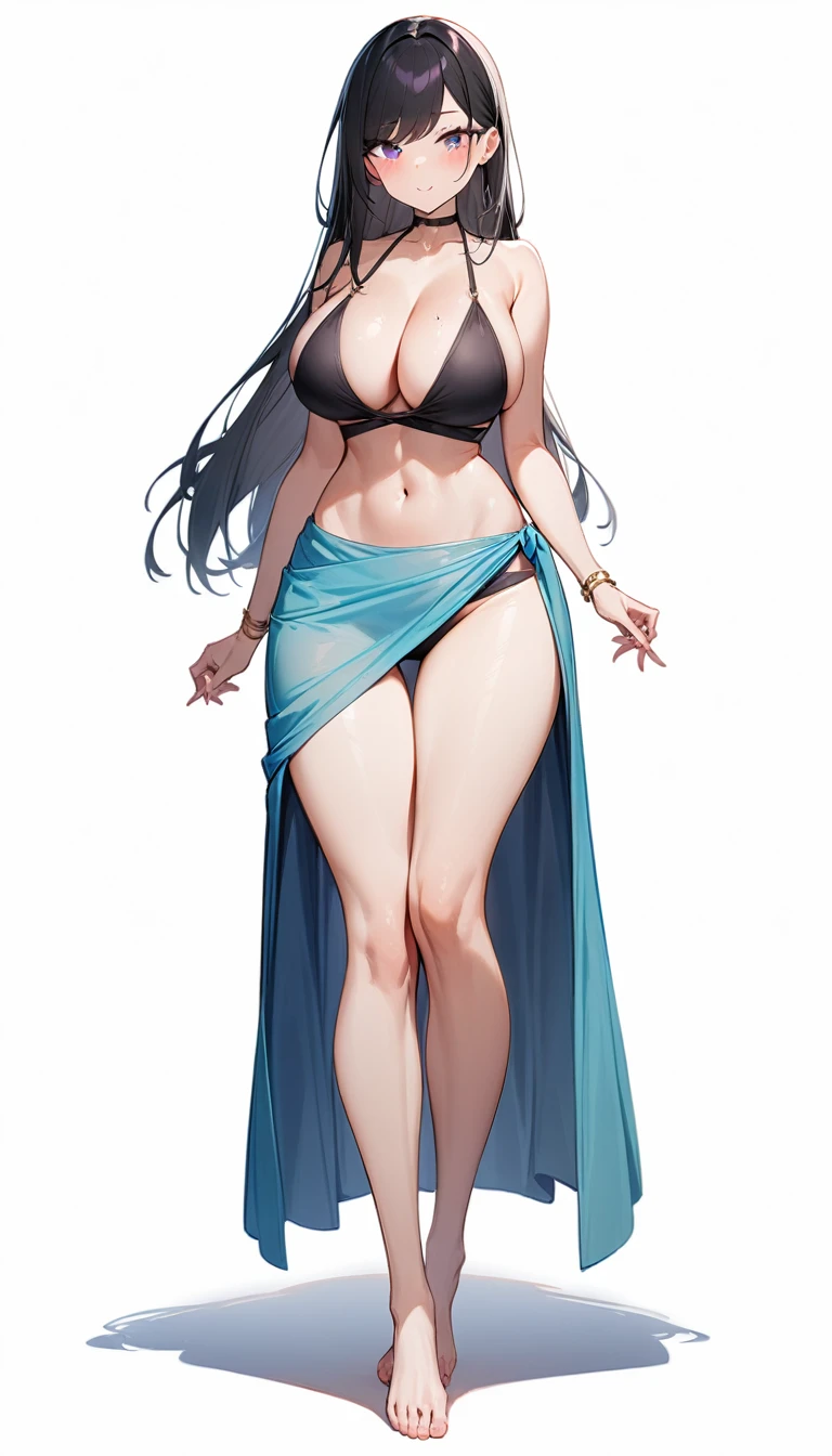1girl, very tall, thin, masterpiece, very aesthetic, long hair, looking at viewer, blush, big breasts (top round tits), :), trikini, swept bangs, purple eye, standing, (full body), black hair, long legs,  feet, sarong wrap skirt, thigh gap, white background