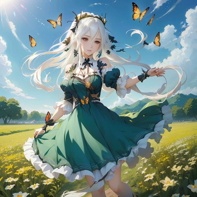 anime girl with long white hair and butterfly wings in a field, official artwork, official art, high detailed official artwork, official anime artwork, cushart krenz key art feminine, guweiz on pixiv artstation, in dress, official character art, detailed key anime art, beautiful maiden, trending on artstation pixiv