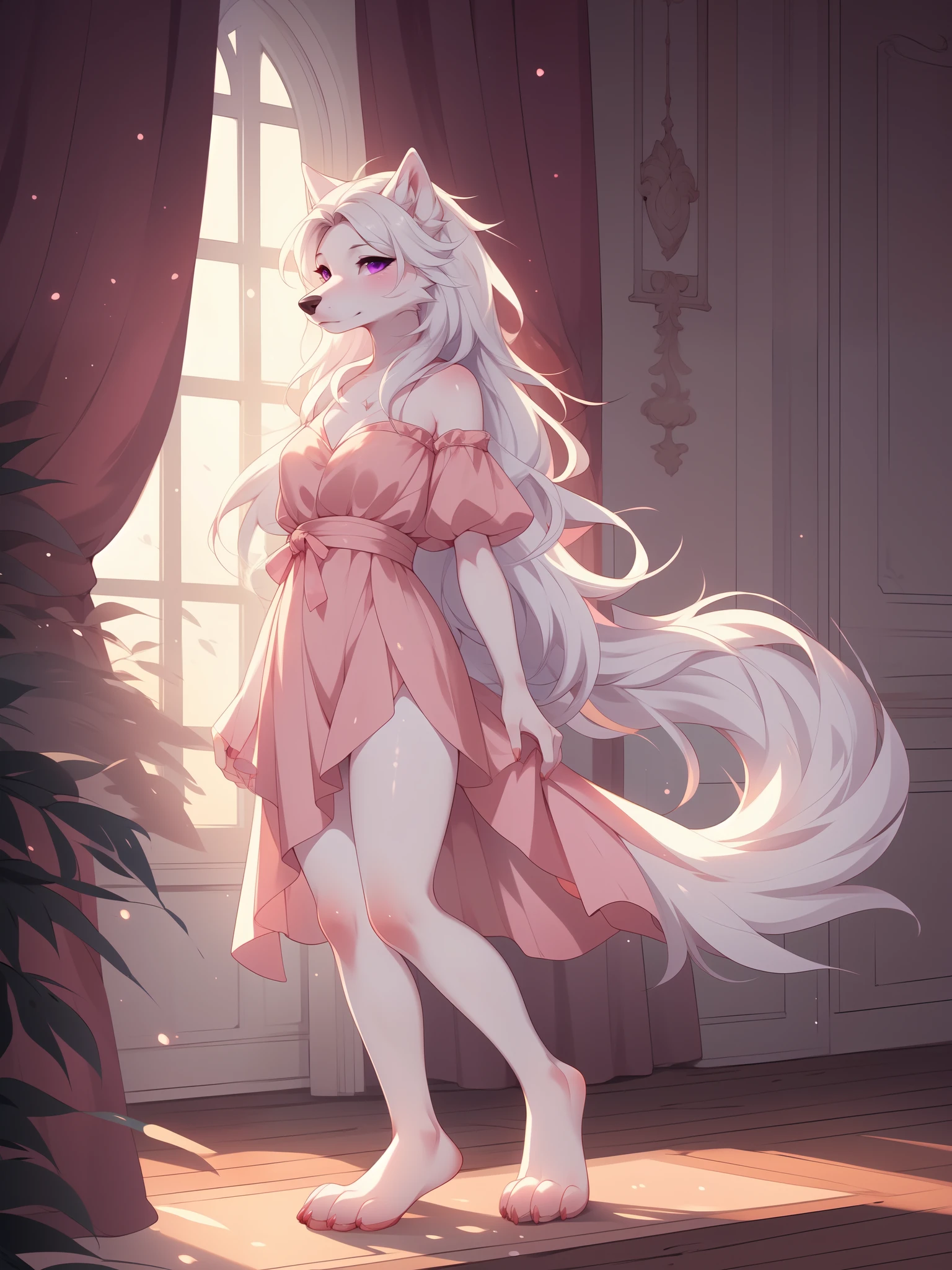 solo:1.2, white wolf girl, detailed purple eyes, long white hair, snout, black nose, wearing a pink dress, leg slit, barefoot, feet paws, four toes, standing in a fancy mansion, by fumiko, by hyattlen,
