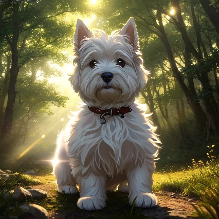 (Best Quality: 1.2), (Masterpiece: 1.2), (realist: 1.2),  close to the photo, a very cute jumping west highland white terrier puppy in the woods, soft volumetric lights, (looking at the viewer: 1.3), (Backlit:1.3), (cinematographic:1.2), intricate details, Masterpiece