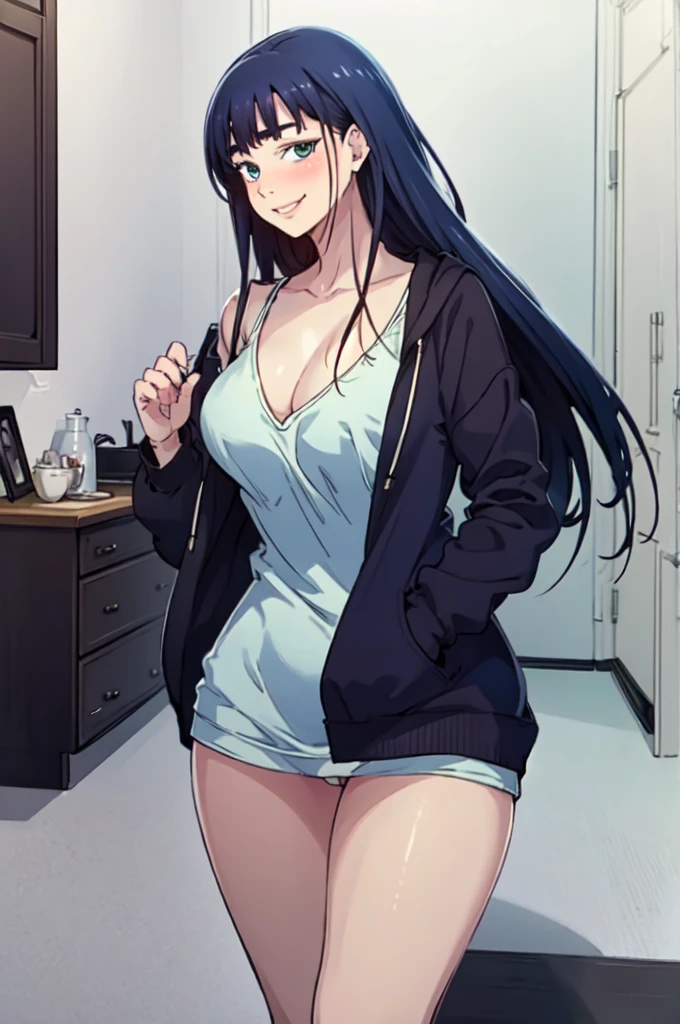 JooRidef, black hair, long hair, blue eyes, large breasts, 
1girl, solo, looking at viewer, smile,Large hoodie, no pants
masterpiece, best quality, standing up, 4k, ultra hd, masterpiece, wallpaper,