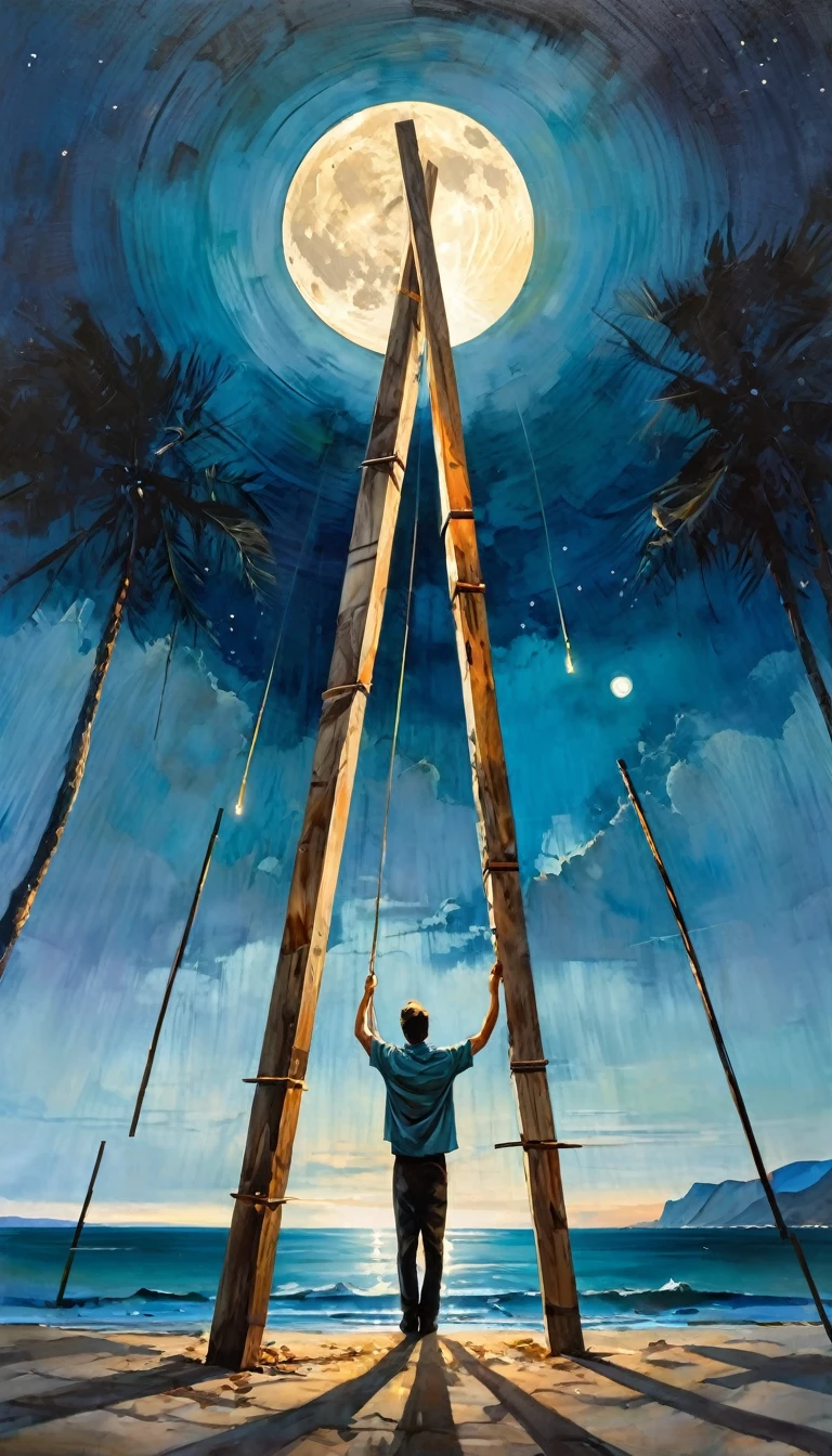 a man overexerts himself by lifting 10 wooden poles that are placed in a V shape, a beautiful landscape with sea and moon (art inspired by Bill Sienkiewicz, intricate details, oil painting)
