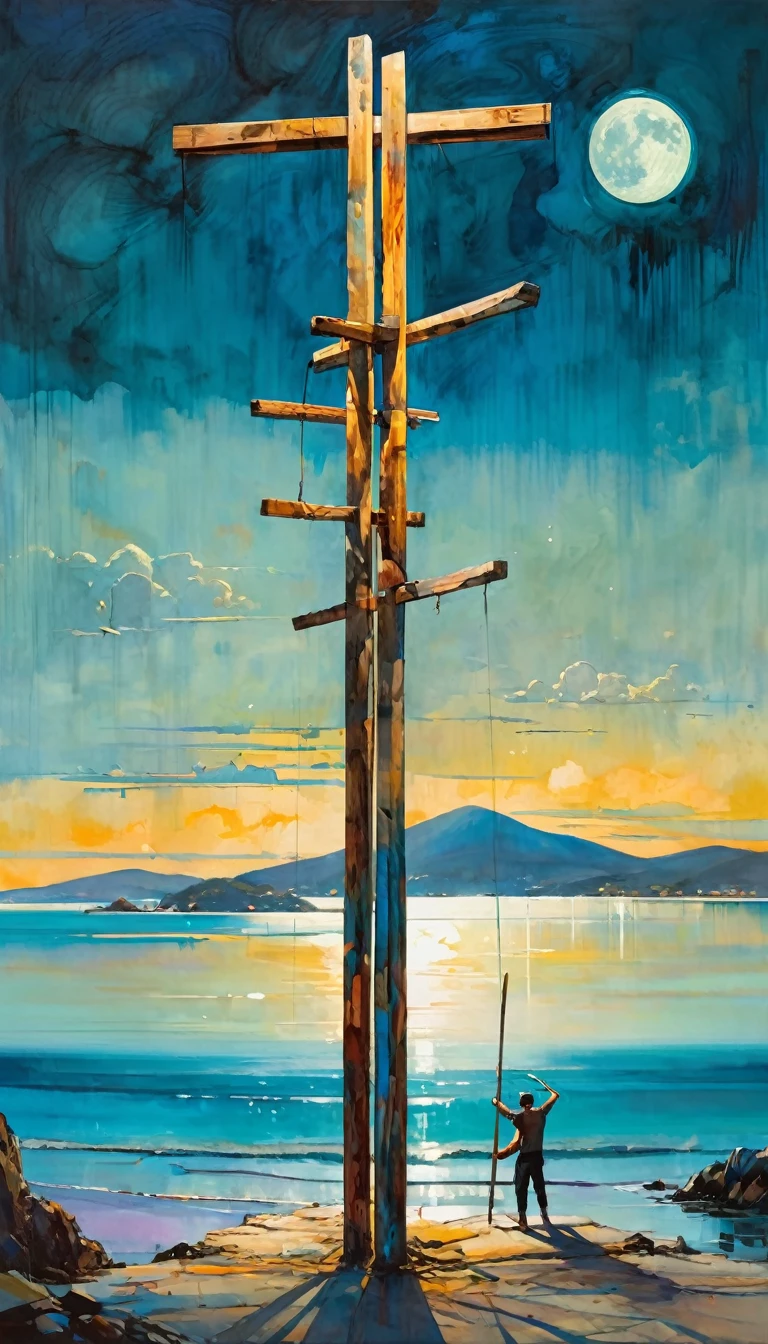 a man overexerts himself by lifting 10 wooden poles that are placed in a V shape, a beautiful landscape with sea and moon (art inspired by Bill Sienkiewicz, intricate details, oil painting)