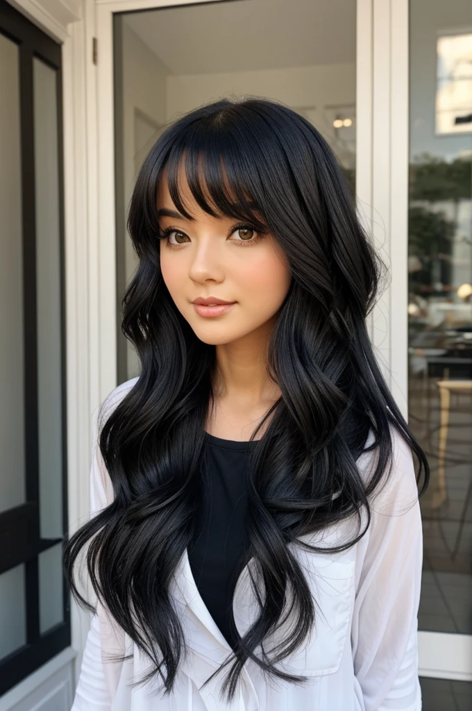 Pastry girl with medium long wavy black hair