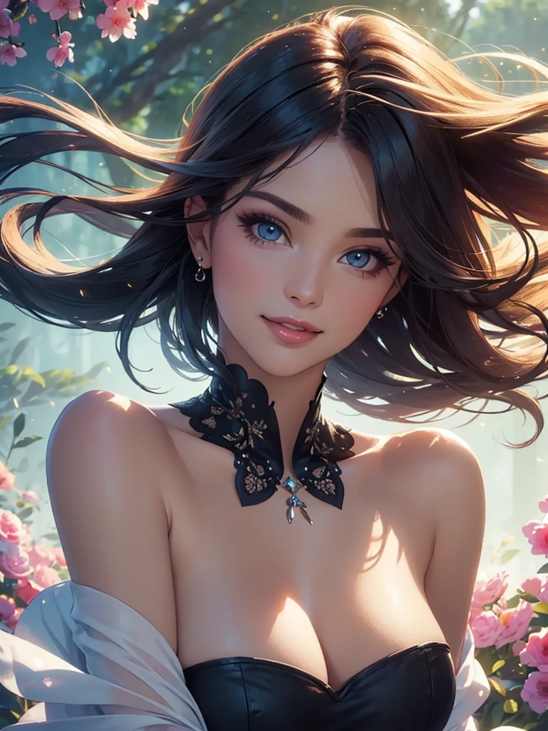 (Best quality,ultra detailed,Photorealistic:1.37),bright and rich colors,studio lighting,playful facial expression, (((open shoulders, deep neckline))), stylish makeup,Flemish,hair fluttering in the wind,inviting eyes,glossy lips,sexy pose, I smile confidently and seductively,posing for a professional photo shoot,shallow depth of field,highlighting the main subject,soft natural light,Creating a dreamy and magical atmosphere.