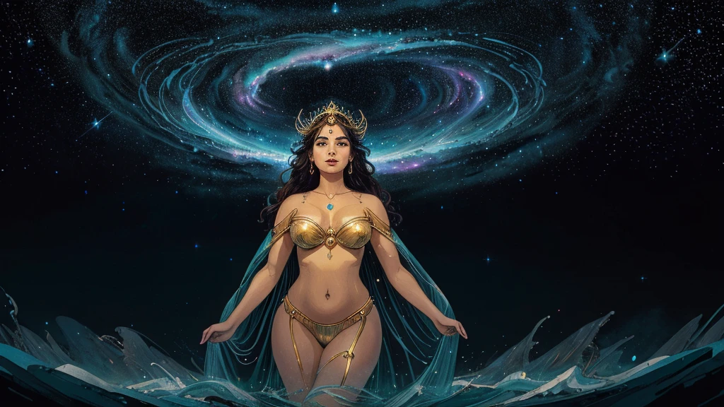 In a realm where stardust dances and nebulae swirl, the radiant goddess Grace reigns supreme, her sensuous form aglow with celestial light that outshines the brilliance of a thousand suns.
Grace's divine visage is framed by tresses of flowing cosmic waves, each strand a tapestry of galaxies in mesmerizing motion. Her lustrous hair cascades down like a shimmering river of stardust, caressing her form with ethereal elegance. Eyes pools of infinite depth reflect the mysteries of the universe, beckoning all who gaze upon her to lose themselves in their cosmic splendor.
Adorned in diaphanous robes that billow like the auroras of distant worlds, Grace's celestial garments cling to her sensuous curves before flowing outward in a breathtaking dance. Stardust swirls around her voluptuous form, forming a radiant halo that crowns her as the sovereign seductress of the heavens.
Her celestial surroundings are a tapestry of wonders, where nebulae bloom like cosmic flowers, and stars twinkle like diamonds scattered across an endless velvet expanse. Comets streak across the celestial canvas, leaving trails of stardust in their wake, paying homage to the goddess's radiant, enticing presence.
Though sensuous in form, Grace's countenance exudes a warmth and kindness that permeates the cosmos. Her divine essence infuses every atom with ethereal grace and nurturing compassion. Outstretched hands beckon forth the very fabric of creation, weaving the tapestry of existence with each celestial gesture.
In this realm of celestial majesty, the sensuous yet kind Grace reigns supreme, a beacon of divine radiance and maternal love that guides all who seek enlightenment through the vast expanse of the cosmos.