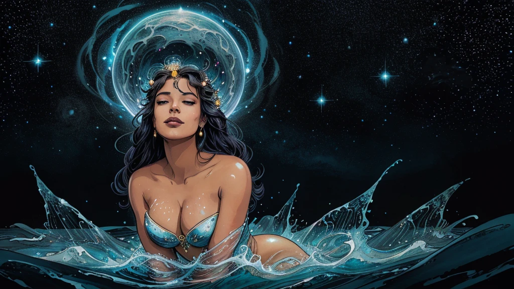 In a realm where stardust dances and nebulae swirl, the radiant goddess Grace reigns supreme, her sensuous form aglow with celestial light that outshines the brilliance of a thousand suns.
Grace's divine visage is framed by tresses of flowing cosmic waves, each strand a tapestry of galaxies in mesmerizing motion. Her lustrous hair cascades down like a shimmering river of stardust, caressing her form with ethereal elegance. Eyes pools of infinite depth reflect the mysteries of the universe, beckoning all who gaze upon her to lose themselves in their cosmic splendor.
Adorned in diaphanous robes that billow like the auroras of distant worlds, Grace's celestial garments cling to her sensuous curves before flowing outward in a breathtaking dance. Stardust swirls around her  form, forming a radiant halo that crowns her as the sovereign seductress of the heavens.
Her celestial surroundings are a tapestry of wonders, where nebulae bloom like cosmic flowers, and stars twinkle like diamonds scattered across an endless velvet expanse. Comets streak across the celestial canvas, leaving trails of stardust in their wake, paying homage to the goddess's radiant, enticing presence.
Though sensuous in form, Grace's countenance exudes a warmth and kindness that permeates the cosmos. Her divine essence infuses every atom with ethereal grace and nurturing compassion. Outstretched hands beckon forth the very fabric of creation, weaving the tapestry of existence with each celestial gesture.
In this realm of celestial majesty, the sensuous yet kind Grace reigns supreme, a beacon of divine radiance and maternal love that guides all who seek enlightenment through the vast expanse of the cosmos.