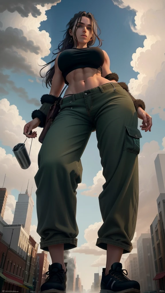 "A tall giant with a cool, relaxed hippie look in a crop top and baggy pants.. Her toned physique suggests her great strength.. She appears to be taking a leisurely stroll through the bustling streets of GTS City., Towering buildings overhead. Smoke and clouds swirling around her, Enhance the grand scale and drama. 照明がdark, dark, Realistic, Create a tense and ominous atmosphere. Perspective from the bottom, Emphasizing the majesty and power of giants."