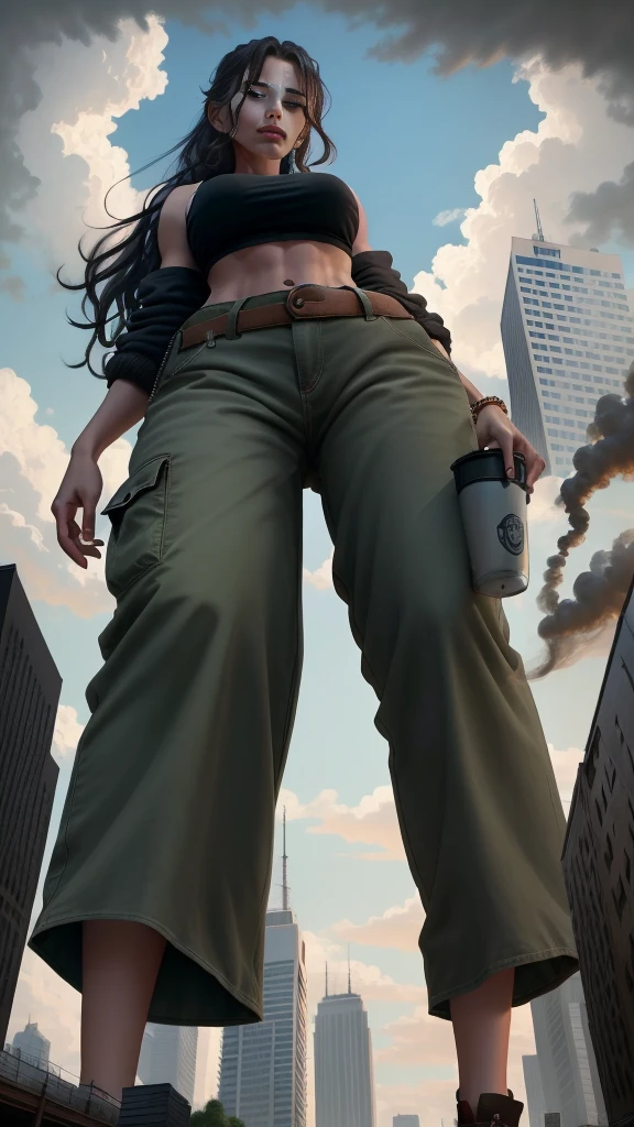 "A tall giant with a cool, relaxed hippie look in a crop top and baggy pants.. Her toned physique suggests her great strength.. She appears to be taking a leisurely stroll through the bustling streets of GTS City., Towering buildings overhead. Smoke and clouds swirling around her, Enhance the grand scale and drama. 照明がdark, dark, Realistic, Create a tense and ominous atmosphere. Perspective from the bottom, Emphasizing the majesty and power of giants."