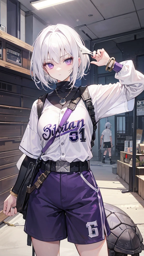 Female, White hair, purple eyes, cool, 160 cm, 18 years, Khukri, short hair, Baseball Catcher Armor, Turtle's Rusty bracelet, Baseball Helmet 2, Tomboy, wasteland