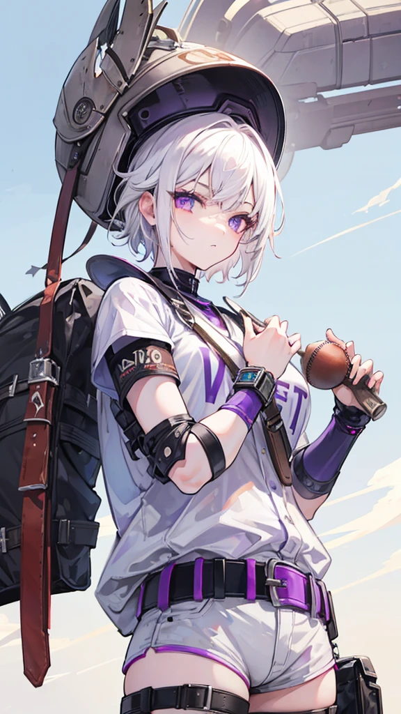 Female, White hair, purple eyes, cool, 160 cm, 18 years, Khukri, short hair, Baseball Catcher Armor, Turtle's Rusty bracelet, Baseball Helmet 2, Tomboy, wasteland