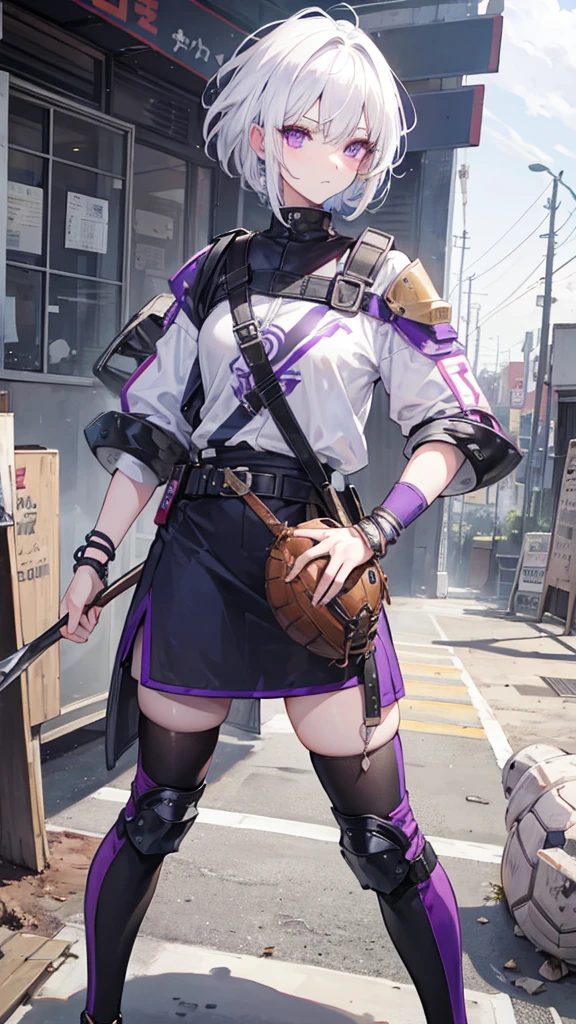 Female, White hair, purple eyes, cool, 160 cm, 18 years, Khukri, short hair, Baseball Catcher Armor, Turtle's Rusty bracelet, Baseball Helmet 2, Tomboy, wasteland