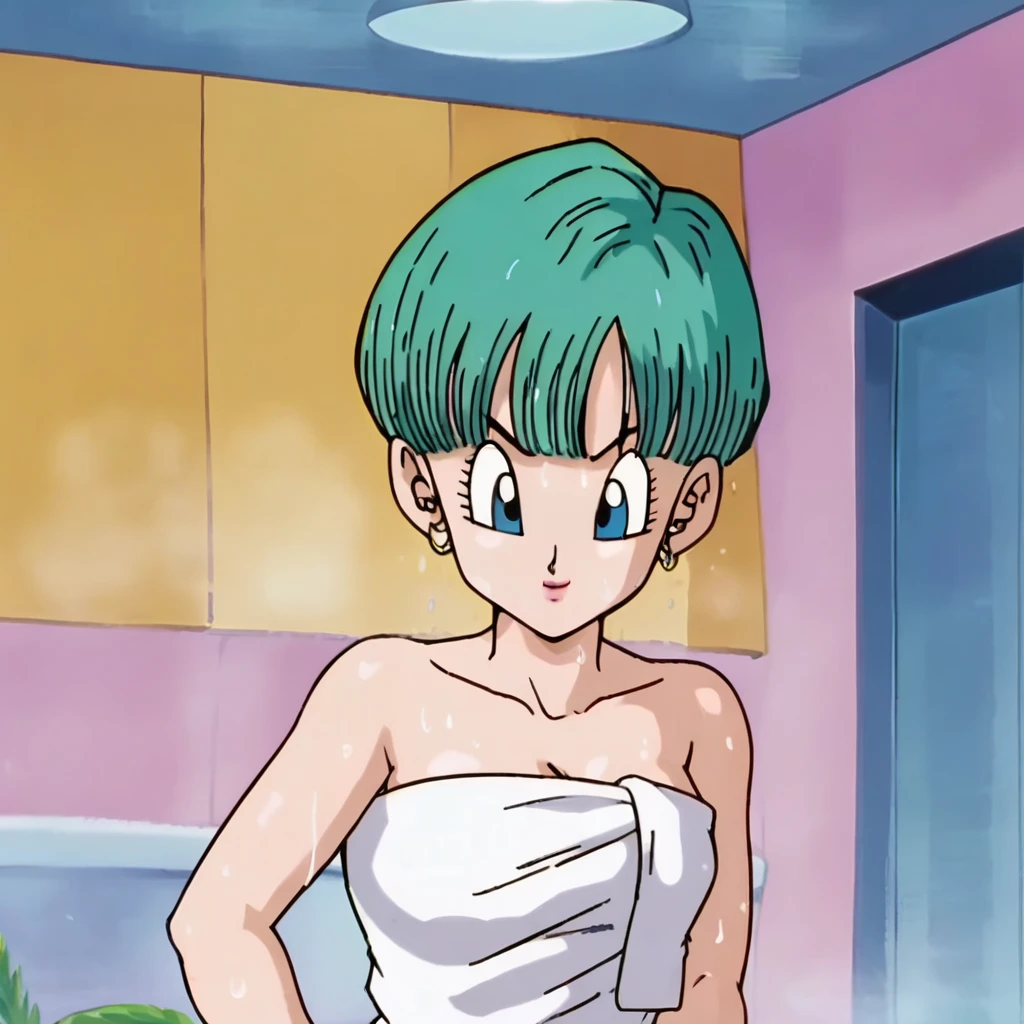 ((best quality)), ((masterpiece)), (detailed), 1girl, source_anime, score_9, score_8_up, score_7_up, anime screencap, buu saga, aqua hair, very short hair, bowl cut, blue eyes, wearing bath towel, wet hair, indoors, bathroom, wet skin, She couldn't help but strike a sassy pose, hands on hips, her blue eyes glinting mischievously as a playful smile tugged at the corners of her lips.