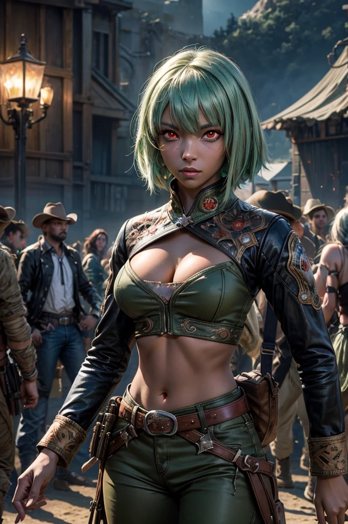 emeraldsustrai, emerald sustrai, short hair, (red eyes:1.5), (green hair), dark skin, dark-skinned female, navel, cleavage, midriff, belt, cleavage cutout, chaps, hands on ????, outdoors, military wedding, lavish wedding reception, on hillside, overlooking coast, sea, crowd, (crowd in military dress), (volumetric lighting),  intricate details, tonemapping, sharp focus, hyper detailed, (cowboy shot:1.5), BREAK (masterpiece:1.2), best quality, high resolution, unity 8k wallpaper, (illustration:0.8), (beautiful detailed eyes:1.6), extremely detailed face, perfect lighting, extremely detailed CG, (perfect hands, perfect ???????),