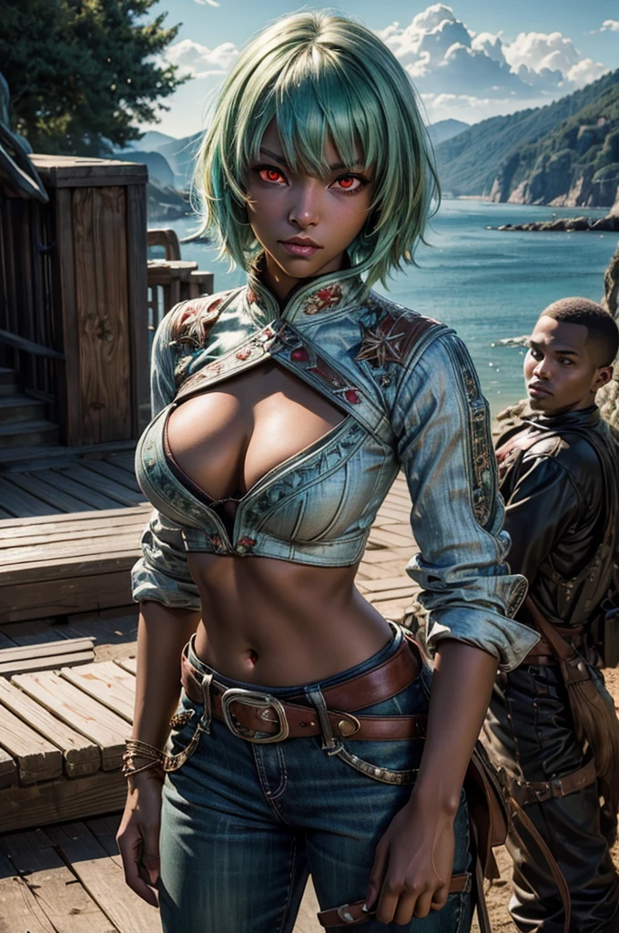emeraldsustrai, emerald sustrai, short hair, (red eyes:1.5), (green hair), dark skin, dark-skinned female, navel, cleavage, midriff, belt, cleavage cutout, chaps, hands on hips, outdoors, military wedding, lavish wedding reception, on hillside, overlooking coast, sea, crowd, (crowd in military dress), (volumetric lighting),  intricate details, tonemapping, sharp focus, hyper detailed, (cowboy shot:1.5), BREAK (masterpiece:1.2), best quality, high resolution, unity 8k wallpaper, (illustration:0.8), (beautiful detailed eyes:1.6), extremely detailed face, perfect lighting, extremely detailed CG, (perfect hands, perfect ),