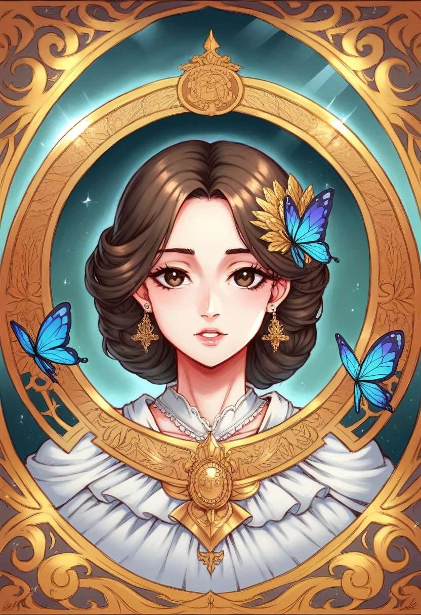 8k portrait of beautiful cyborg with brown hair, intricate, elegant, highly detailed, majestic, digital photography, art by artgerm and ruan jia and greg rutkowski surreal painting gold butterfly filigree, broken glass, (masterpiece, sidelighting, finely detailed beautiful eyes: 1.2), hdr, 