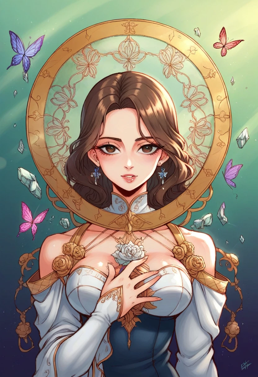 8k portrait of beautiful cyborg with brown hair, intricate, elegant, highly detailed, majestic, digital photography, art by artgerm and ruan jia and greg rutkowski surreal painting gold butterfly filigree, broken glass, (masterpiece, sidelighting, finely detailed beautiful eyes: 1.2), hdr,