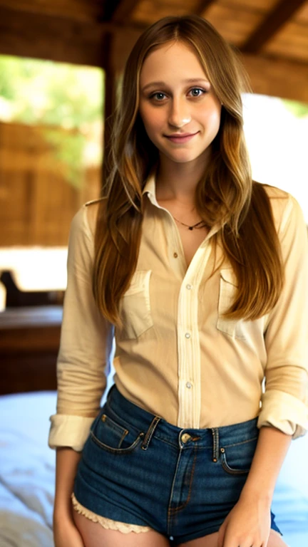 Taissa Farmiga dressed in an unbuttoned shirt and warm colored panties and a sexy smile.