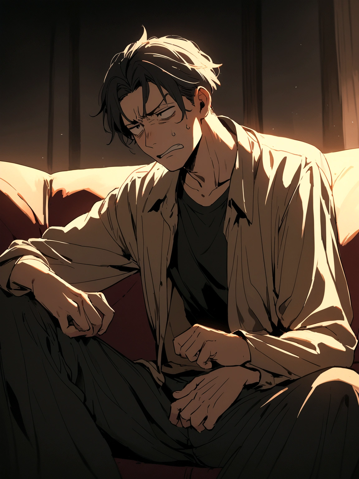 A man sitting on the sofa with a disgusted face