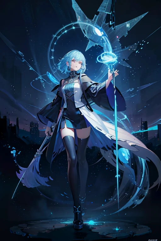 Niji mode.  Full body.  Ethereal sorcerer secret agent, elegant thin suit with fluid luminous white glowing magic circuits, celestial explorer emerging from a portal.  Holding a longsword with glowing magic writings and long handle, glowing tattoos, magic piercings, magic stones, glowing magic eyes, advanced technology mixed with magic, magic circuits, magic tools, magic materials, developed by Technological Magic.  Walking in the middle of a magical atompunk metropolis mixing technology and vegetation, the sky full of bright stars with cold colors.  Wide and deep scenery with multiple planes of depth, cinematic and dynamic scene with sense of movement, view of magical glowing lights reflecting the scene, particle effects, elegant pose, aura lights, glowing, epic atmosphere, celestial splendor, galactic fragmentation .  Old anime style, Studio Ghibli, Metal hurlant, art book, RPG fantasy, comicbook.