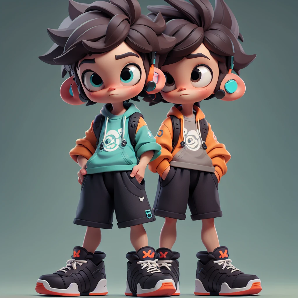 only one 3D character, anime boy, large eyes, brown hair, blue headphones, gray t-shirt, shorts, oversized sneakers, hands in pockets, neutral expression Cartoon model, young boy, detailed hair, big headphones, casual outfit, futuristic shoes, standing pose, minimal background, modern design Stylized figure, boy with brown hair, turquoise headphones, graphic t-shirt, black shorts, colorful sneakers, relaxed stance, 3D rendering Cute animated boy, expressive eyes, blue and orange color scheme, hands in pockets, detailed sneakers, backpack, simple background, modern art Chibi-style character, big eyes, spiky hair, headphones, casual attire, large shoes, standing pose, muted colors, collectible figure design
