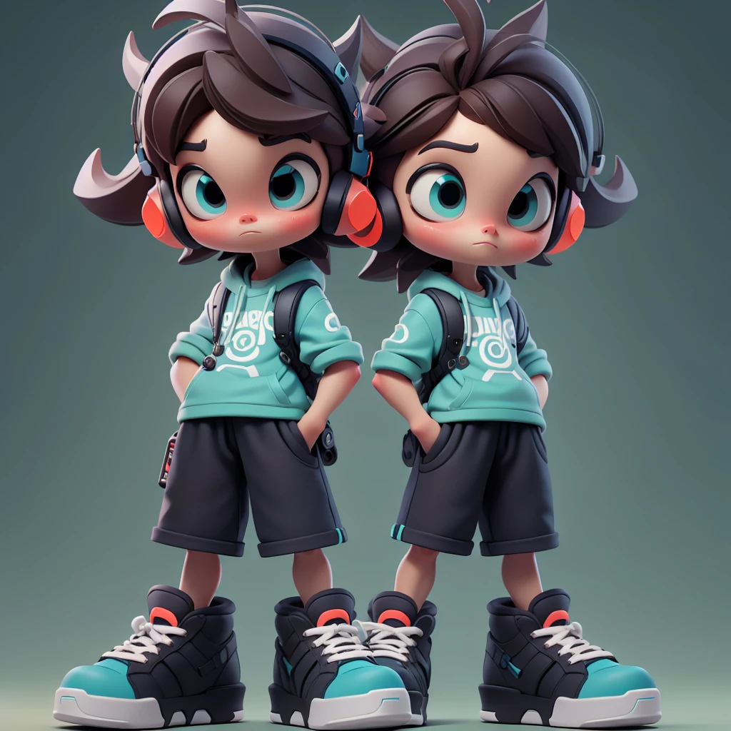 only one 3D character, anime boy, large eyes, brown hair, blue headphones, gray t-shirt, shorts, oversized sneakers, hands in pockets, neutral expression Cartoon model, young boy, detailed hair, big headphones, casual outfit, futuristic shoes, standing pose, minimal background, modern design Stylized figure, boy with brown hair, turquoise headphones, graphic t-shirt, black shorts, colorful sneakers, relaxed stance, 3D rendering Cute animated boy, expressive eyes, blue and orange color scheme, hands in pockets, detailed sneakers, backpack, simple background, modern art Chibi-style character, big eyes, spiky hair, headphones, casual attire, large shoes, standing pose, muted colors, collectible figure design