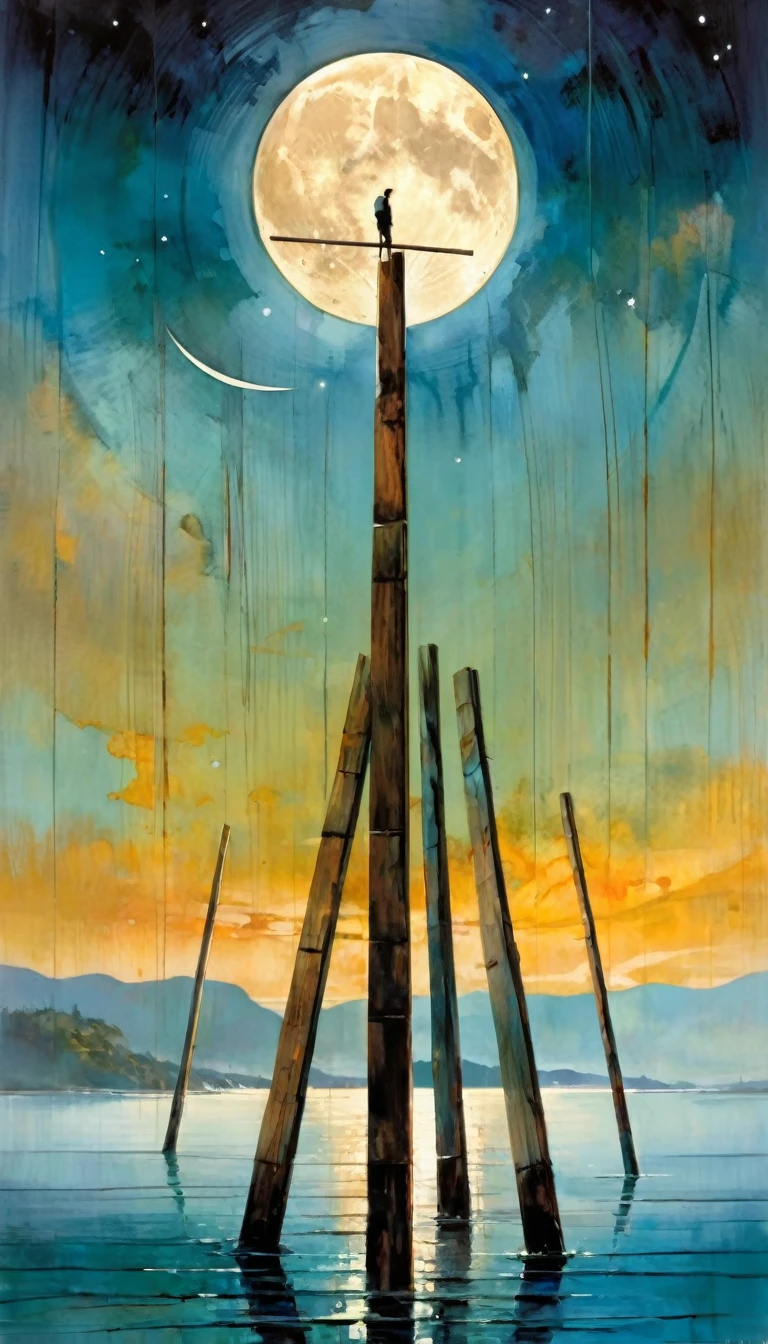a man overexerts himself by lifting 10 wooden poles that are placed in a V shape, a beautiful landscape with sea and moon (art inspired by Bill Sienkiewicz, intricate details, oil painting)
