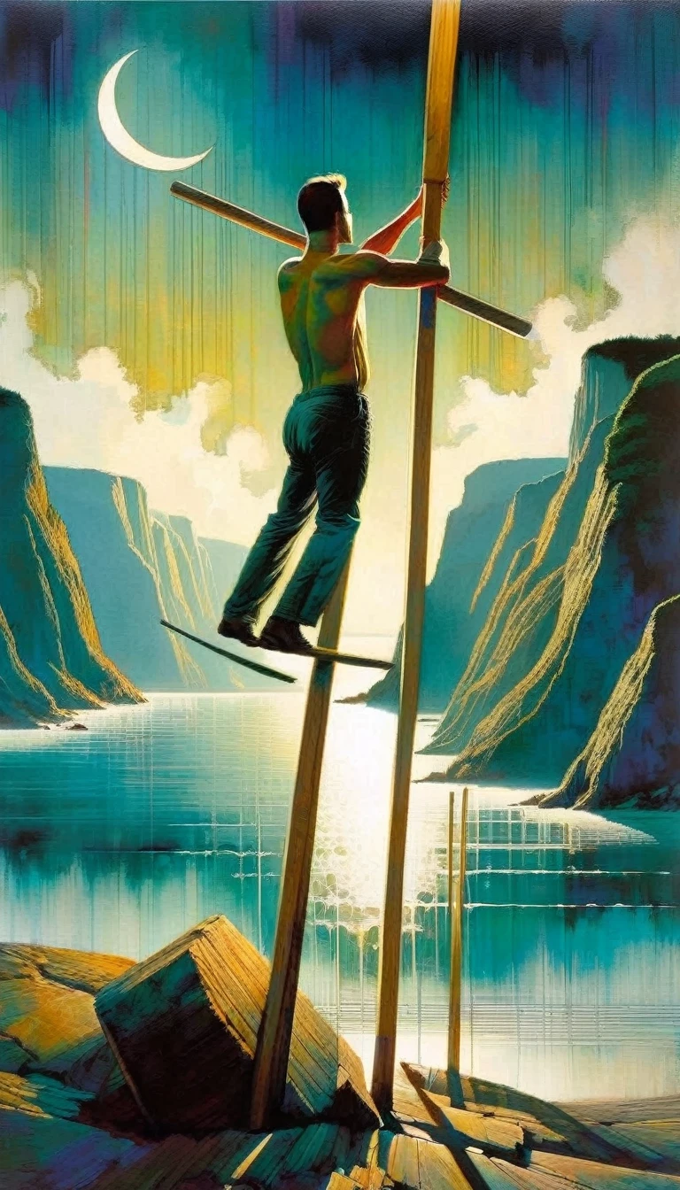 a man overexerts himself by lifting 10 wooden poles that are placed in a V shape, a beautiful landscape with sea and moon (art inspired by Bill Sienkiewicz, intricate details, oil painting)