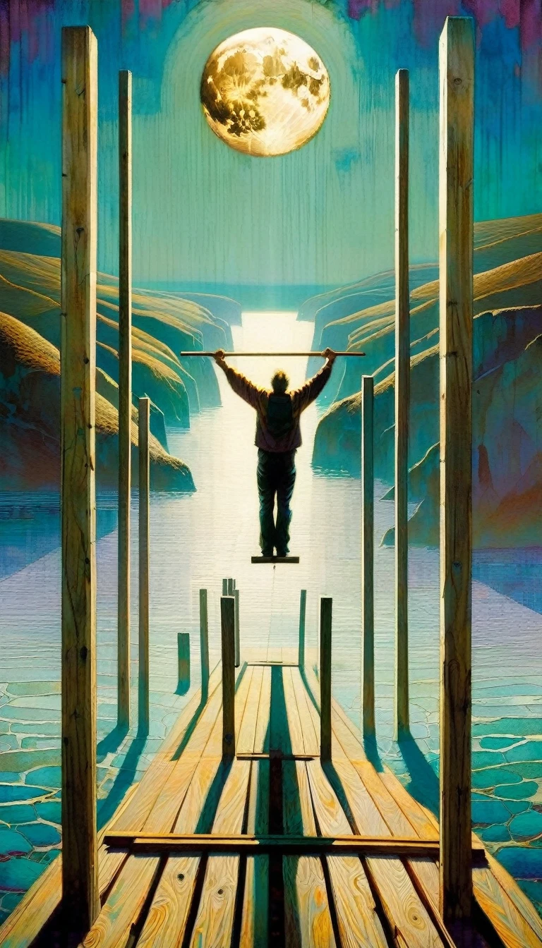a man overexerts himself by lifting 10 wooden poles that are placed in a V shape, a beautiful landscape with sea and moon (art inspired by Bill Sienkiewicz, intricate details, oil painting)
