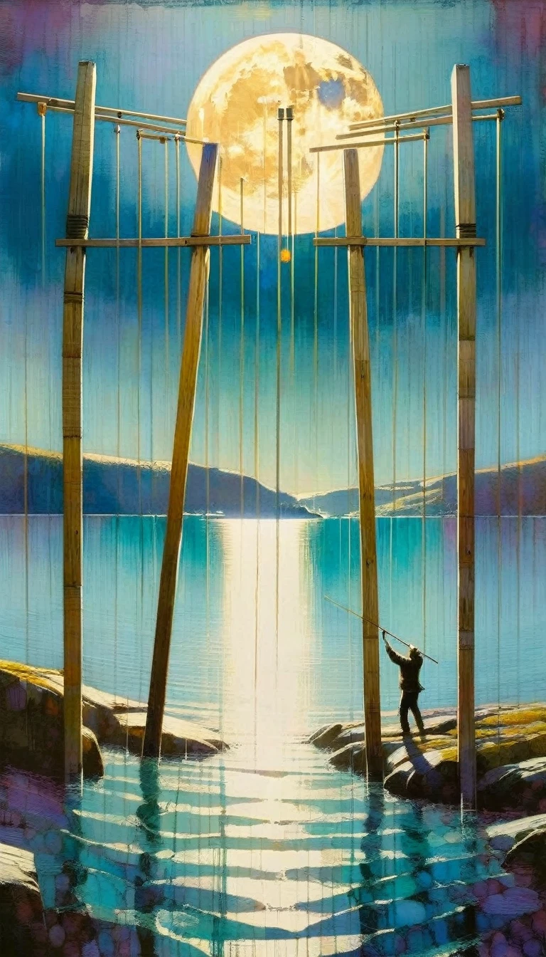 a man overexerts himself by lifting 10 wooden poles that are placed in a V shape, a beautiful landscape with sea and moon (art inspired by Bill Sienkiewicz, intricate details, oil painting)
